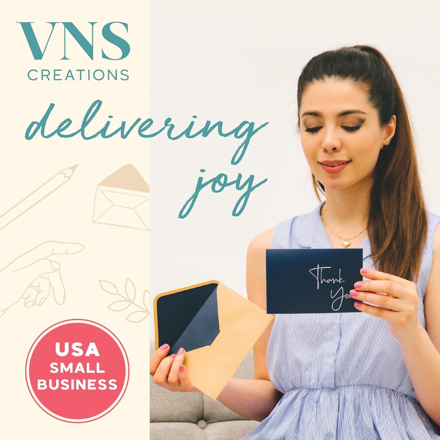 VNS Creations Thank You Cards With Envelopes Bulk Set & Stickers - 100 Pack 4x6 Blank Thank You Notes Bulk Box Set - Large Note Card Small Business, Wedding, Baby Shower & Bridal Shower - Navy Blue
