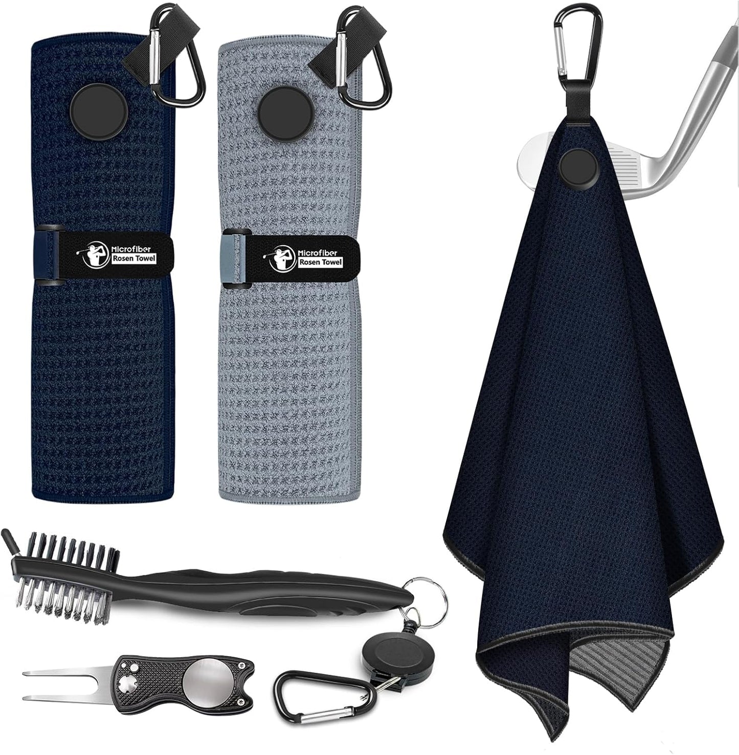 Golf Towel, 2 PCS Magnetic Golf Towels with Brush and Divot Tool, Microfiber Waffle Pattern with Clip for Men, Industrial Strength Magnet for Strong Hold to Golf Bags, Carts or Clubs (Black Gray)
