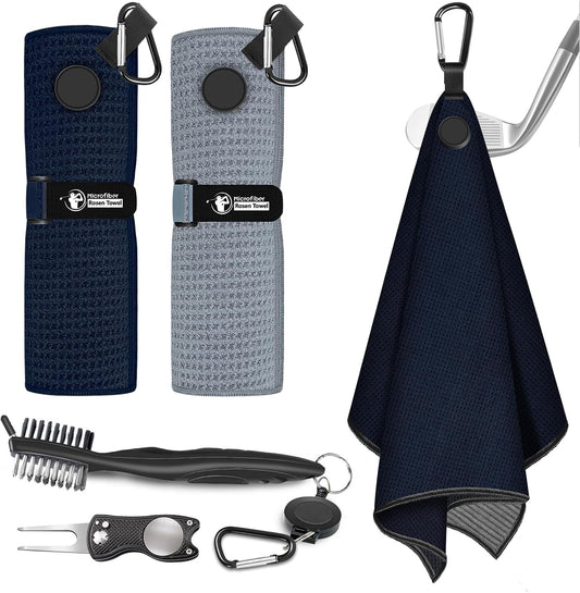 Golf Towel, 2 PCS Magnetic Golf Towels with Brush and Divot Tool, Microfiber Waffle Pattern with Clip for Men, Industrial Strength Magnet for Strong Hold to Golf Bags, Carts or Clubs (Black Gray)