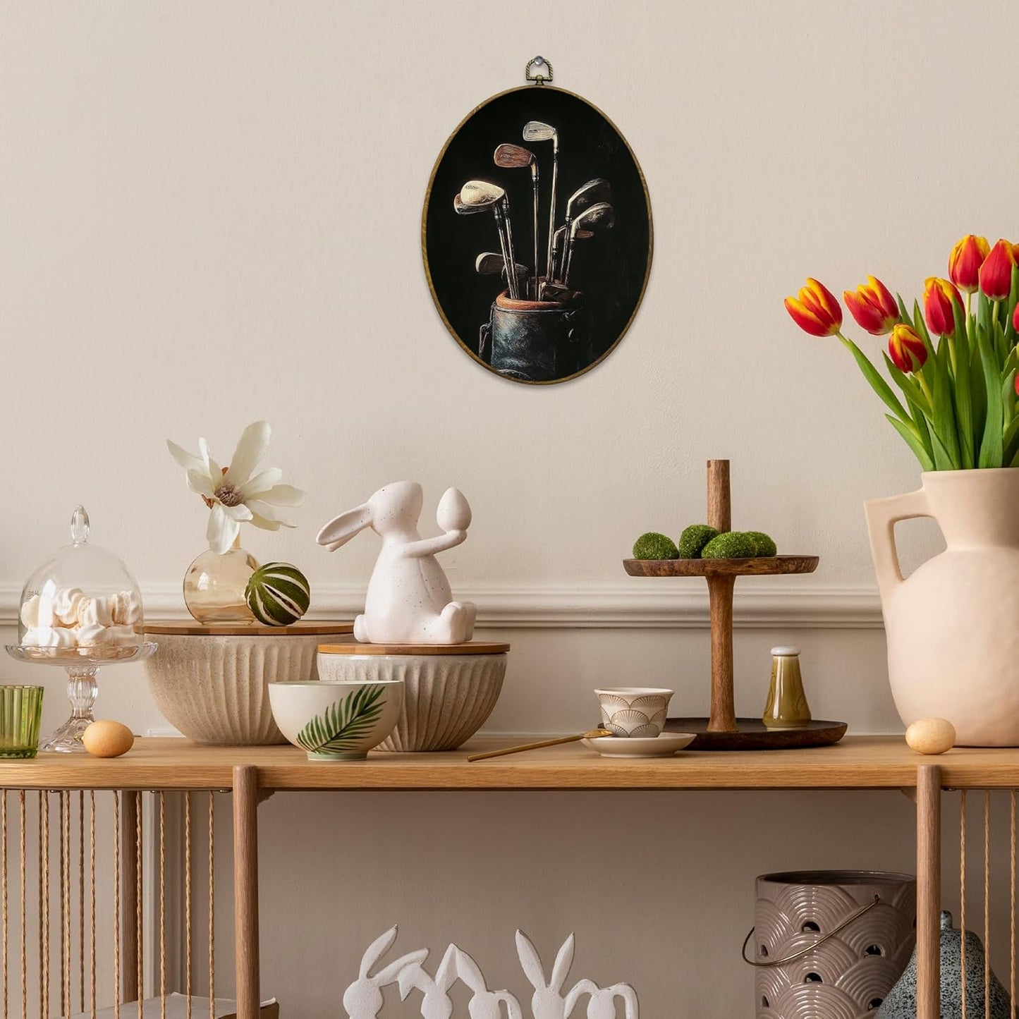 Vintage Golf Wall Art Decor, Golfing Gifts Framed Canvas Prints 8.6x11.4, Rustic Retro Classic Golf Bag Aesthetic Oval Wall Hanging Artwork Decorations for Home Bedroom Gym Man Cave Sport Room