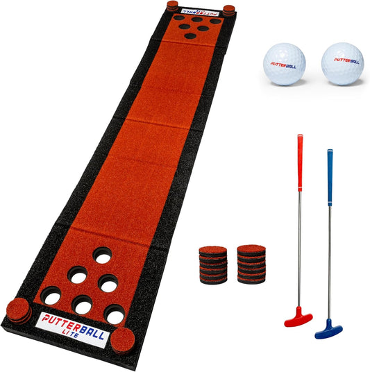 PutterBall Lite Original Golf Putting Game Set – Backyard 9 ft Putting Green Pong Style Golf Mat with 2 Putters, 2 Balls & Hole Covers