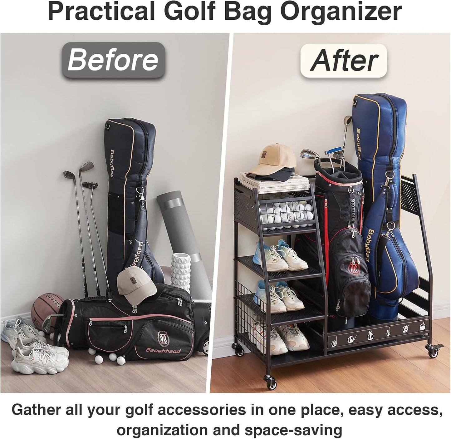 Lauren&Harold Golf Bag Organizer Garage Storage, Golf Storage Rack Stand Fits 2 Golf Bags, Golf Clubs and Other Golfing Equipment Accessories, Golf Organizer for Garage, Club, Shed, Basement