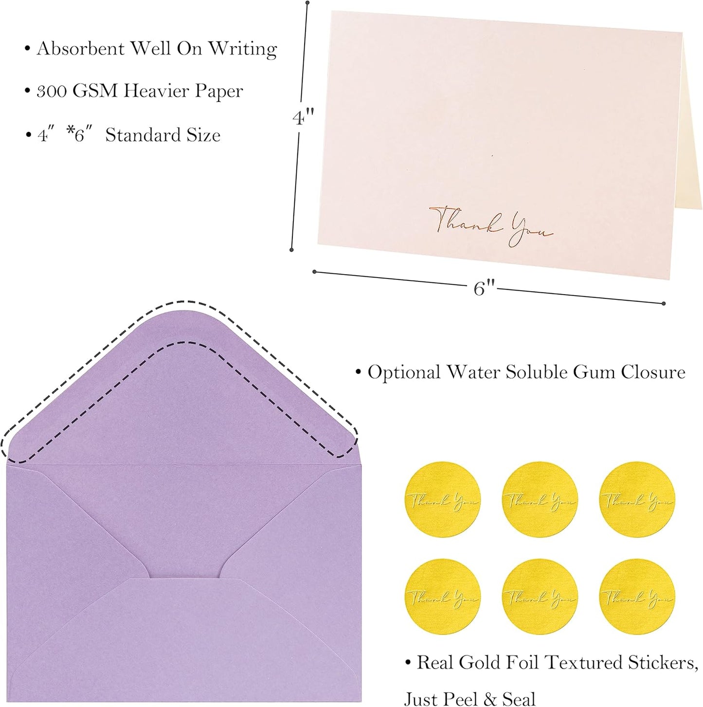 Crisky Purple Thank You Cards with Envelopes & Stickers， 50 Pack Bridal Shower Graduation Thank You Cards Small Business, Wedding Baby Shower Birthday Funeral Notes Bulk