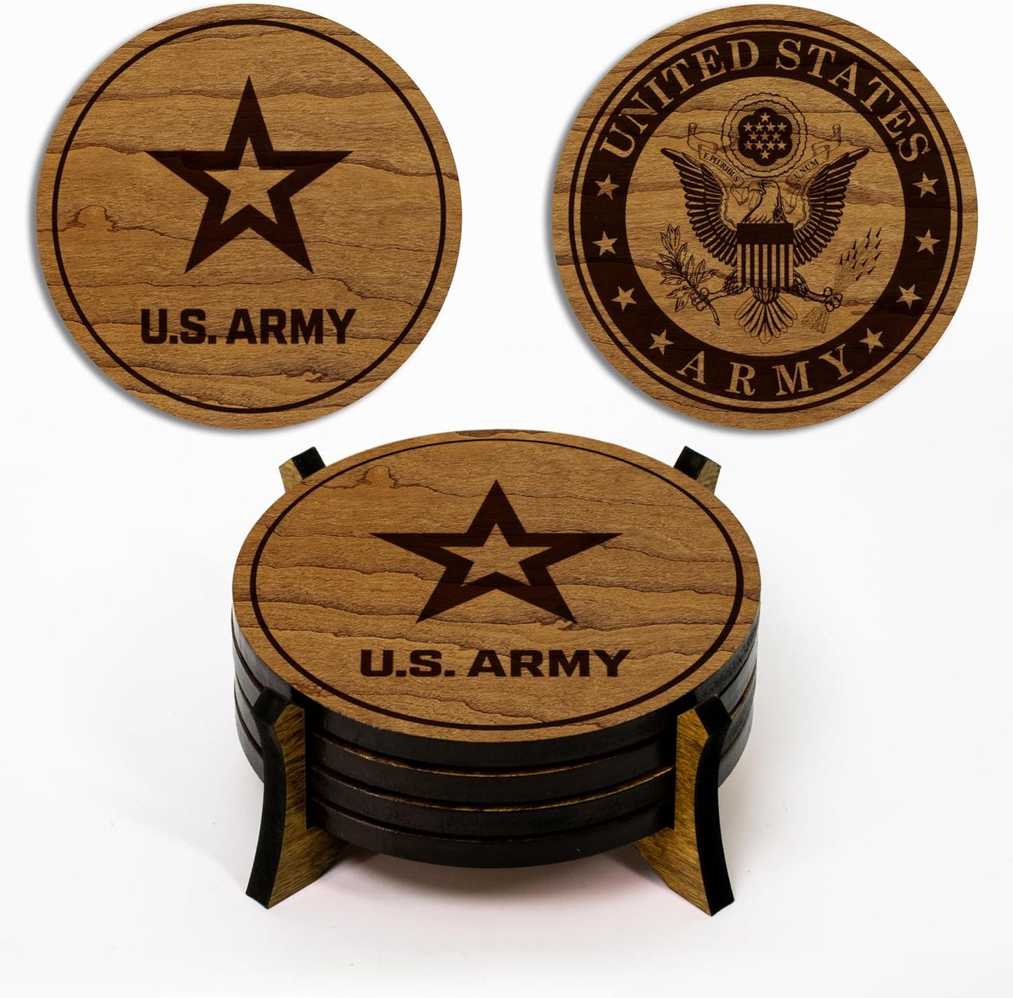 LazerEdge U.S. Army Wooden Coaster Set – Cherry Wood – Handcrafted Collectible 4-Pack | Made in USA | Officially Licensed Product