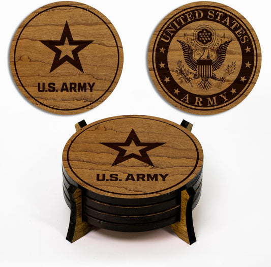LazerEdge U.S. Army Wooden Coaster Set – Cherry Wood – Handcrafted Collectible 4-Pack | Made in USA | Officially Licensed Product