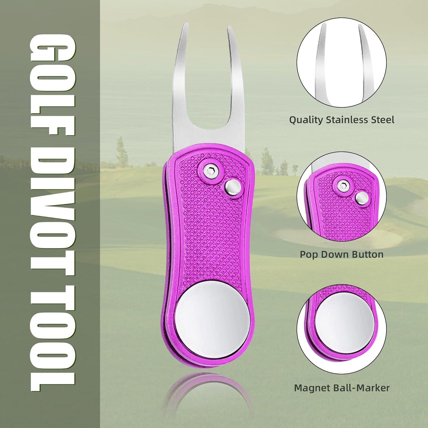 Mile High Life Golf Divot Repair Tool, All Metal Foldable Divot Tool with Pop-up Button & Magnetic Ball Marker