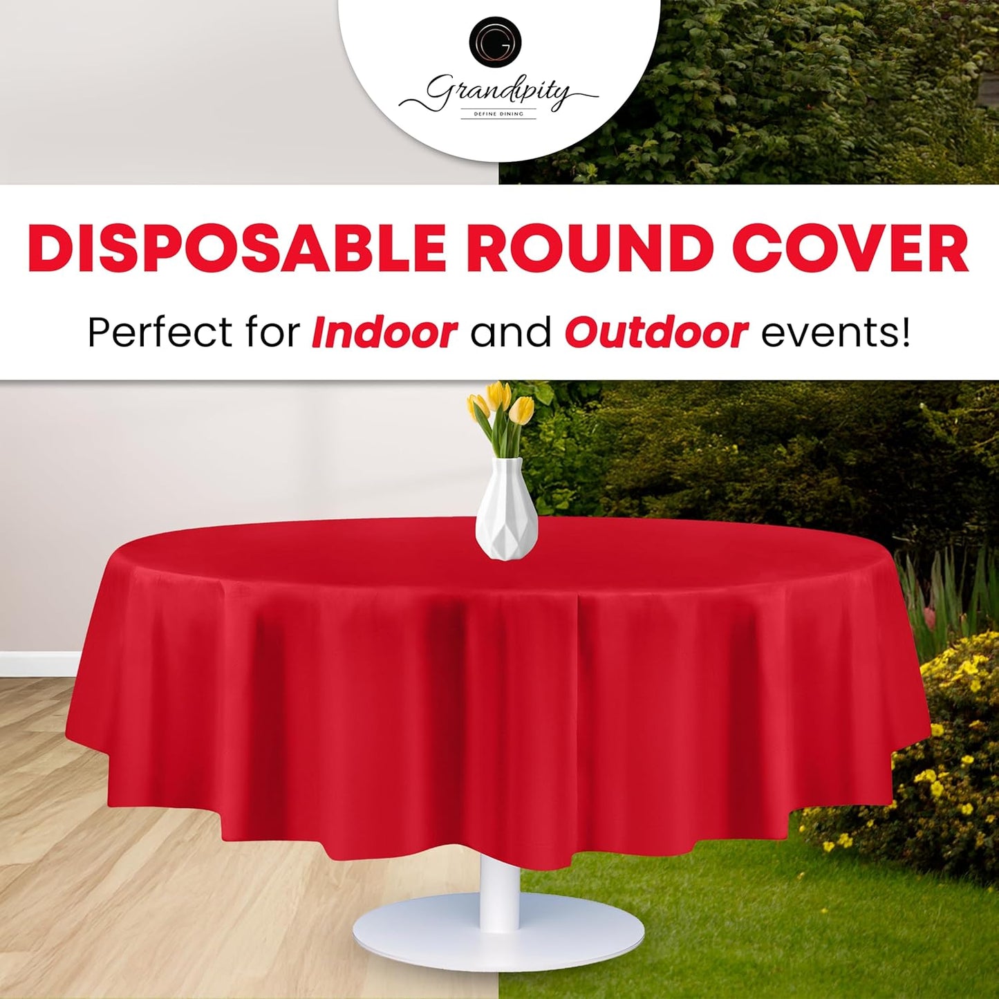 Grandipity 12 Pack Premium Disposable Plastic Tablecloth 84" Inch Decorative Round Table Cover - Red
