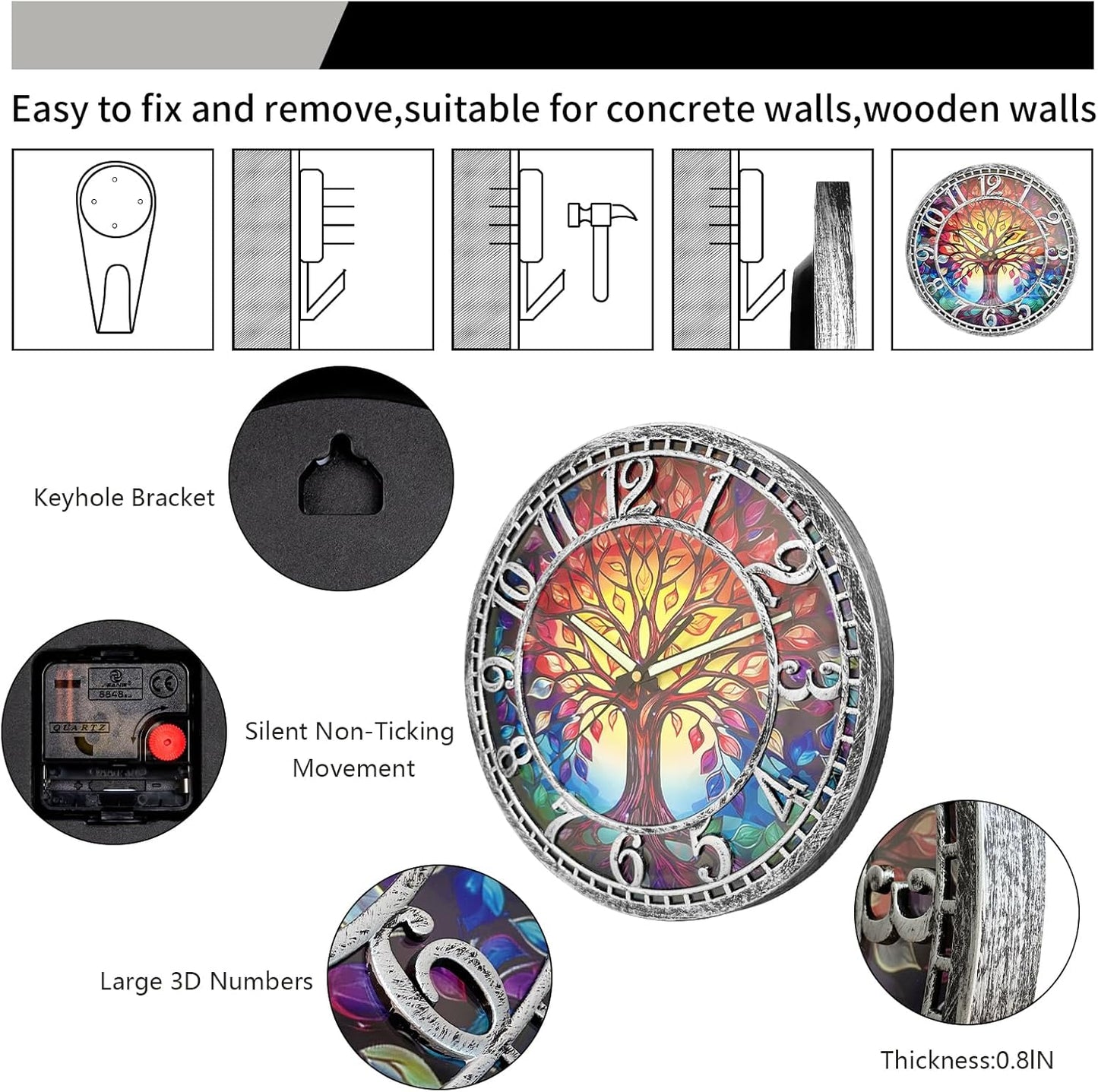 Tree of Life Wall Clock 12inch Silent Movement Clock Precise Timekeeping Wall Clock Ideal for Living Rooms Bedrooms Offices for Home Decor Enthusiasts Antique Silver