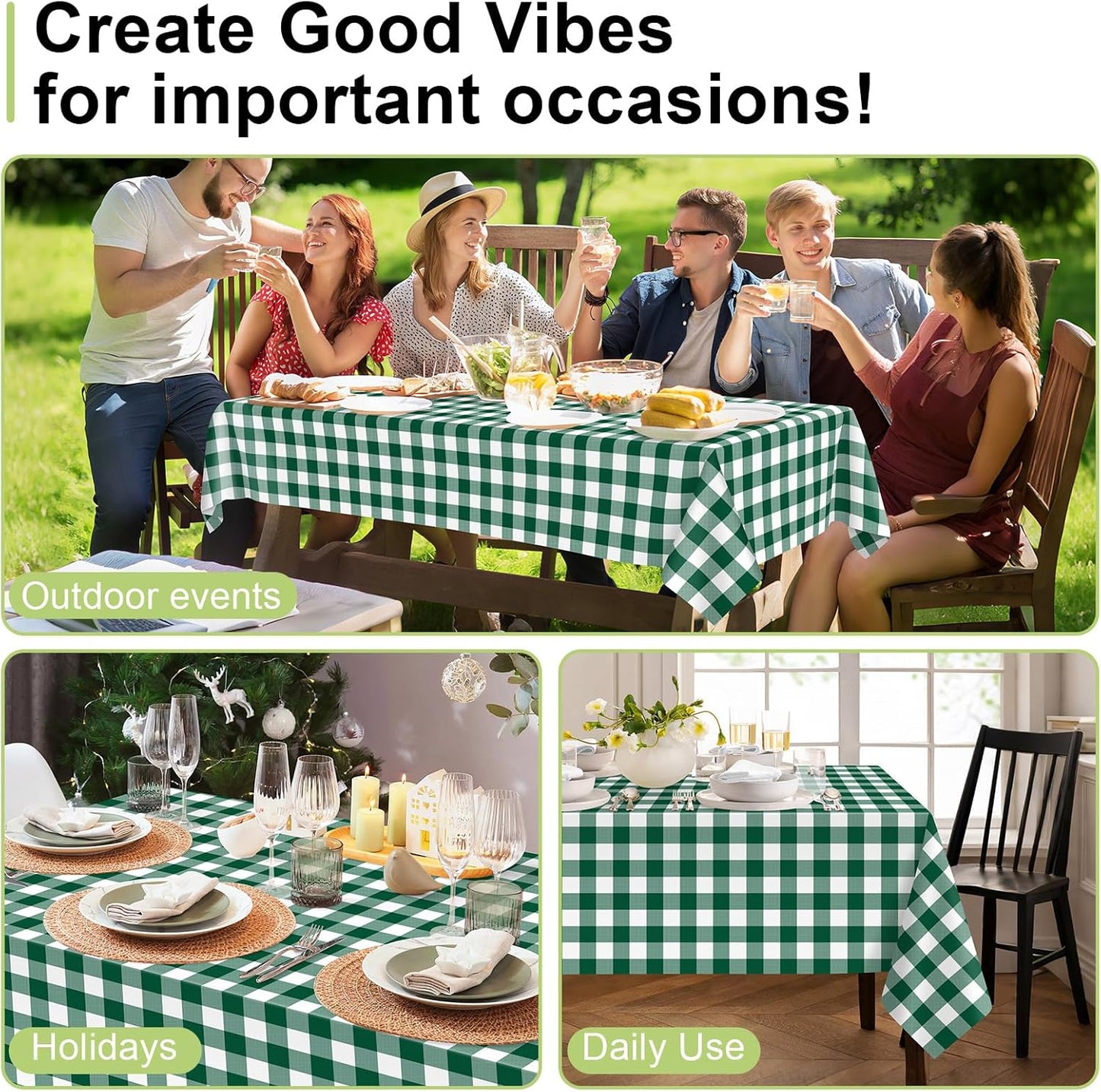 QIKSION Green Gingham Tablecloth Disposable 2 Pack, 54 x 108 Inch Green and White Checkered Table Cloth for Rectangle Tables, Plastic Table Cover