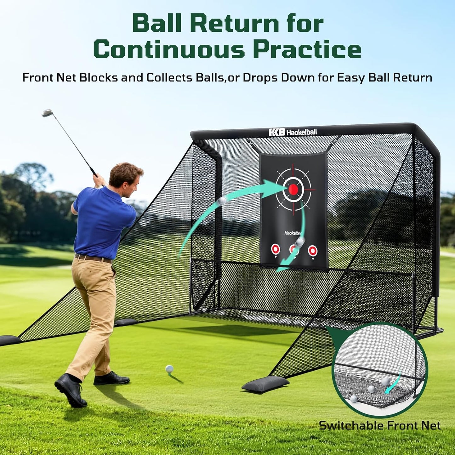 Haokelball Golf Practice Hitting Net for Driving Real Balls, Indoor Chipping Swing Training Nets with Impact Target, 10x7.5ft Heavy Duty Netting with Carry Bag for Backyard Outdoor Use