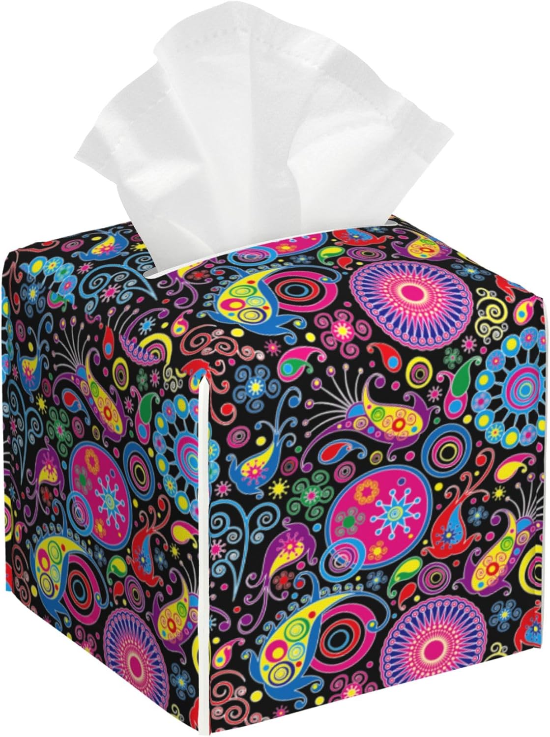 Tissue Box Cover Square,Boho Mandala Flowers and Paisley Tissue Box Holder Waterproof Leather Facial Paper Case Modern Home Decoration for Bedroom Dresser Night Stand Office Desk