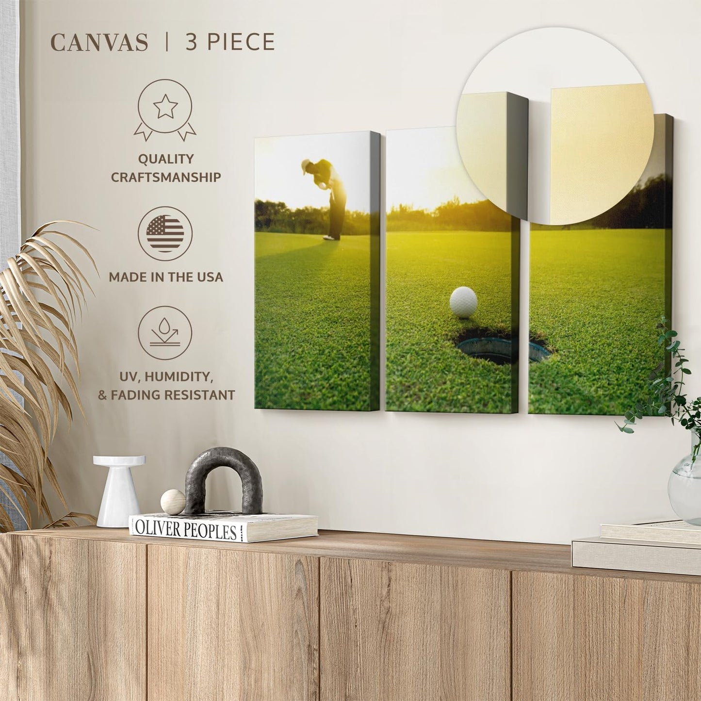 ElephantStock Golf Ball Strike Wall Art - Horizontal Canvas - 3-Piece Living Room Wall Decor - Photography Sports Canvas Print - Green and White Decor for Wall - 50" X 32"