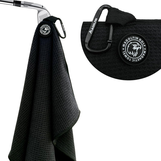 Magnetic Golf Towel with Clip, Microfiber Waffle Design - Industrial Strength Magnet for Strong Hold to Golf Bags, Carts & Clubs - Black