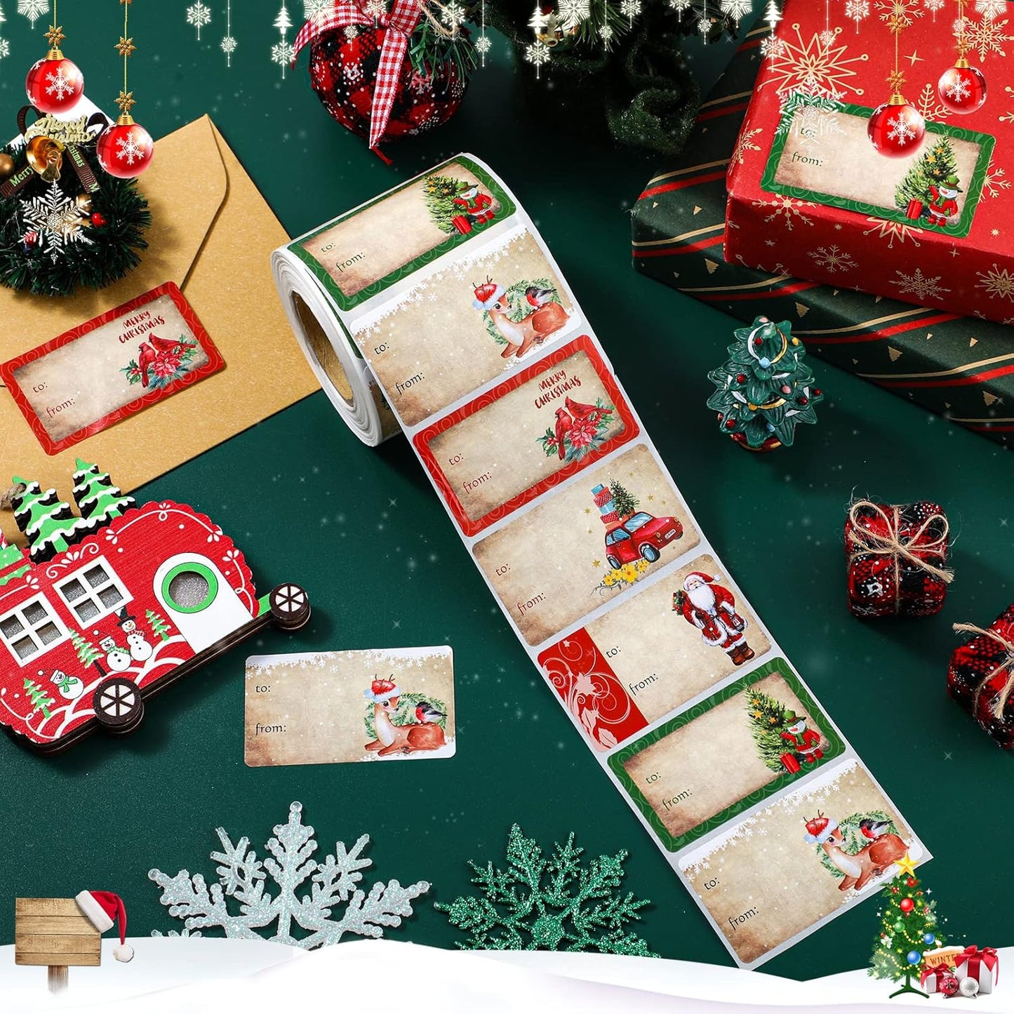 Outus 500 Pieces Christmas Tags Self Adhesive Gift Tags for Xmas Presents Christmas Name Labels Stickers for Wrapping Paper Festival Birthday Holiday Decor(Watercolor Style,2.95 x 1.6 Inch)