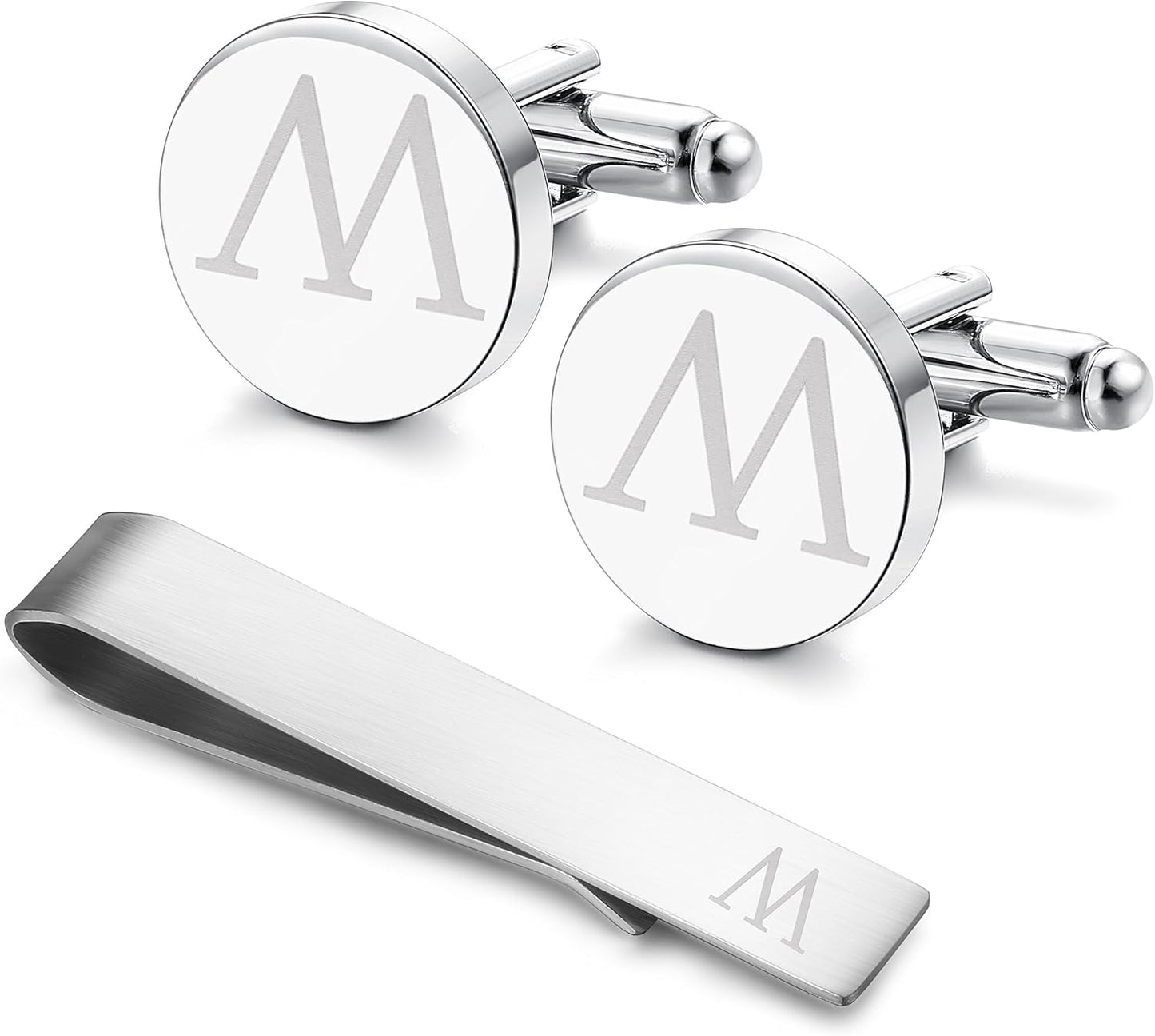 LOYALLOOK Stainless Steel Engraved Initial Cufflinks and Tie Clip Bar Set Alphabet Letter With Gift Box A-Z