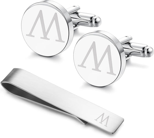 LOYALLOOK Stainless Steel Engraved Initial Cufflinks and Tie Clip Bar Set Alphabet Letter With Gift Box A-Z