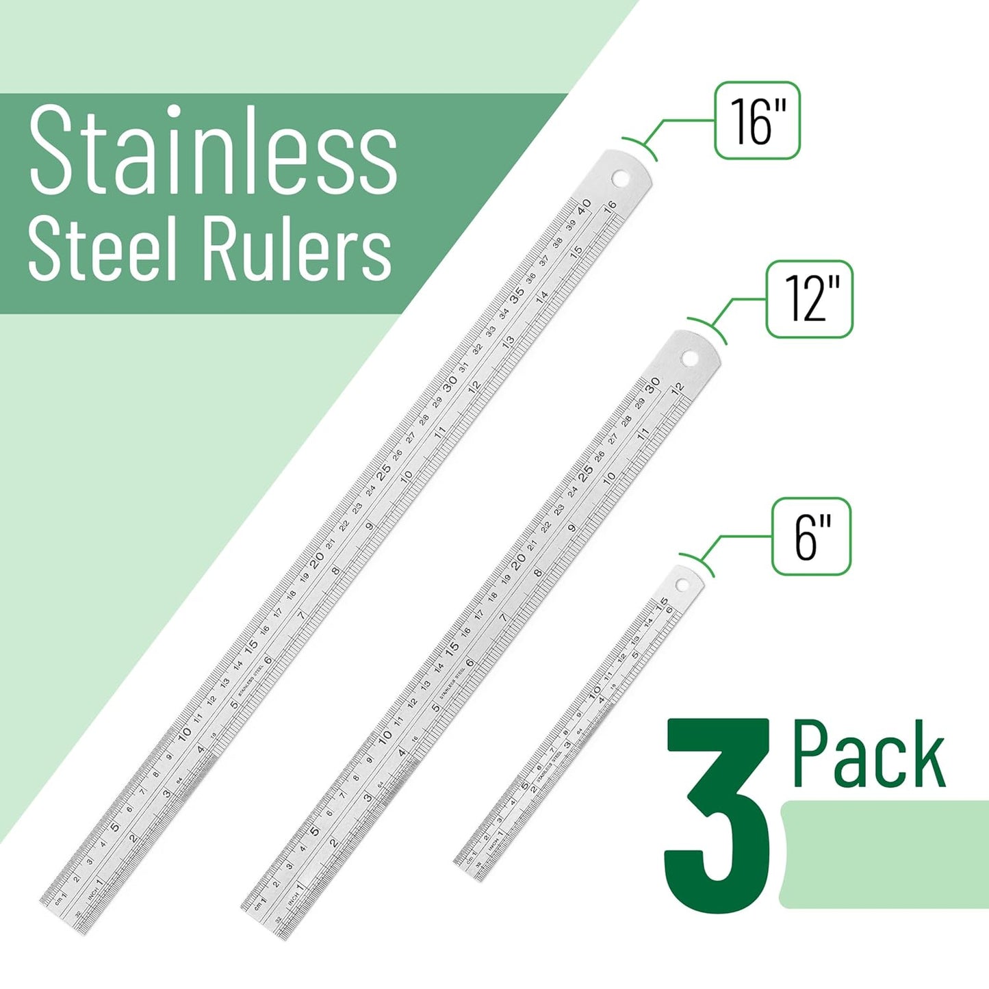 Mr. Pen- Stainless Steel Ruler, 3 pcs, 6", 12", 16", Imperial & Metric Measurements, Metric Metal Ruler Set, Metal Rulers