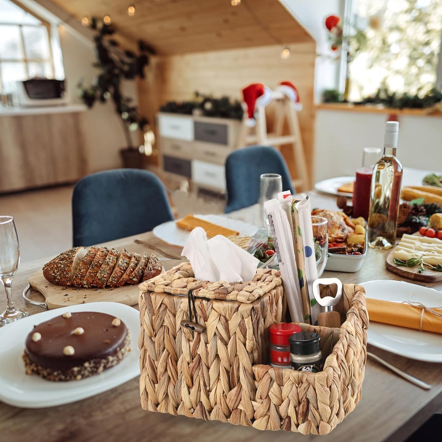 Sumnacon Square Tissue Box Cover with Side Organizer - Wicker Cube Tissue Box for Bathroom Toilet (Water Hyacinth, Natural)