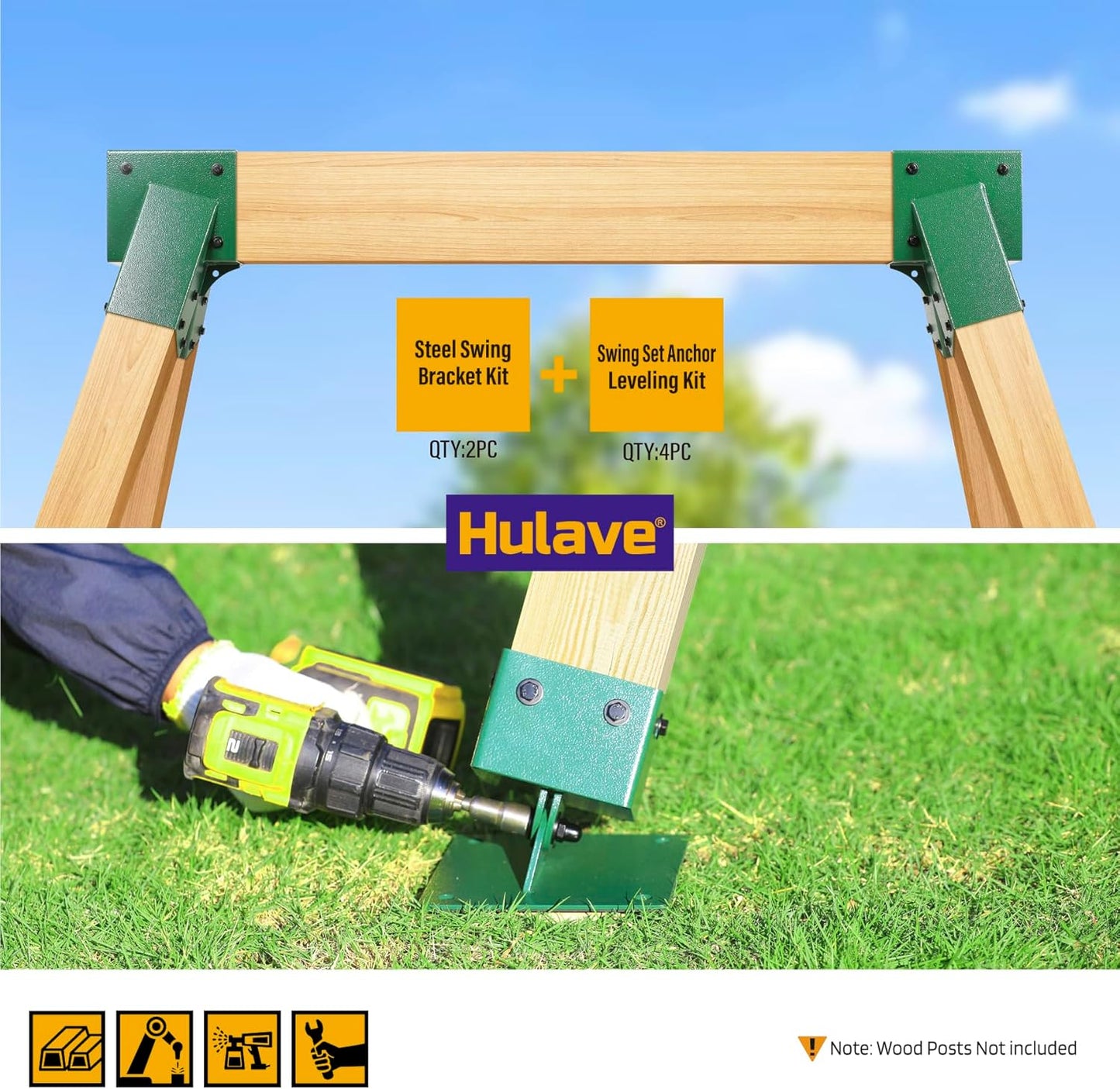 Hulave Stainless Steel Swing Bracket Kit, 4-Pack Swing Set Anchor Leveling Kit Bracket 4"x4"+2pcs A Frame Swing Set Brackets with Mounting Accessories(Green)