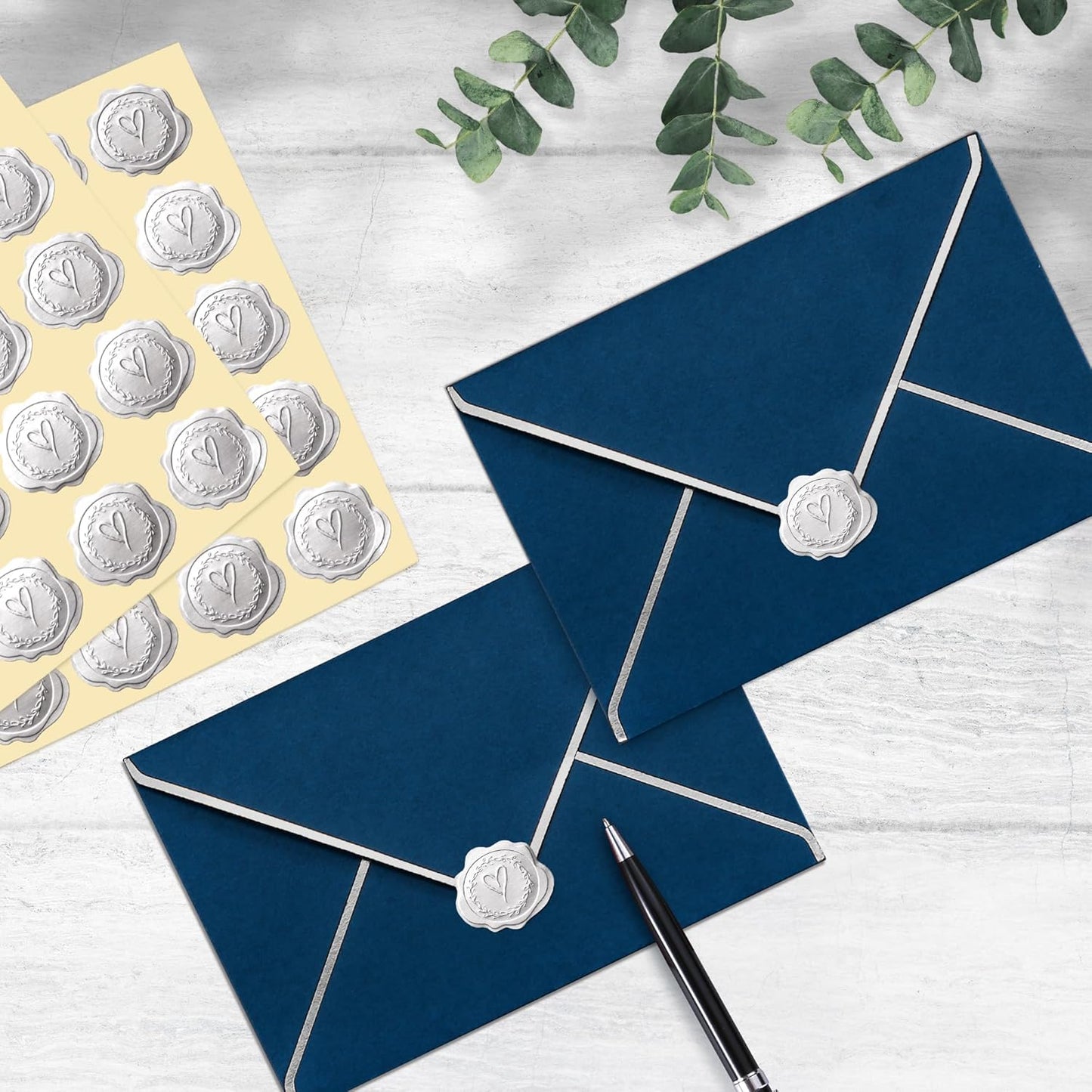 300pcs Silver Embossed Wax Seal Looking Heart Envelope Seals for Wedding Invitations/Greeting Cards/Party Favors, Self-Adhesive