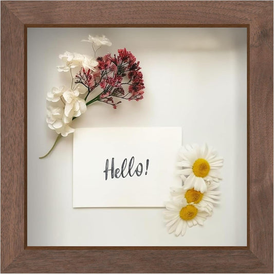 FrameWorks 8” x 8” Dark Oak Wooden Shadow Box Frame – Display Case with Soft Felt Back, Memory Box with Tempered Glass, Display Box with Elegant White Ball Push Pins, Wooden Flower Box