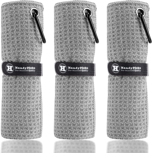 Handy Picks Microfiber Golf Towel (16" X 16") with Carabiner Clip, Waffle Pattern Golf Towel Hook and Loop Fastener - The Convenient Golf Cleaning Towel