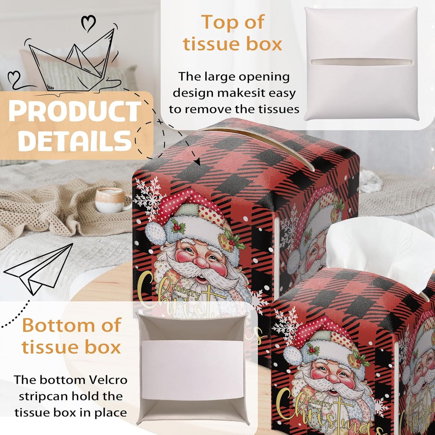 Merry Christmas Tissue Box Holder, Santa Claus Red Checkered Leather Tissue Box Cover Square, Paper Facial Decorative Tissues Cover for Night Stands Bathroom Office Home Decor-B16