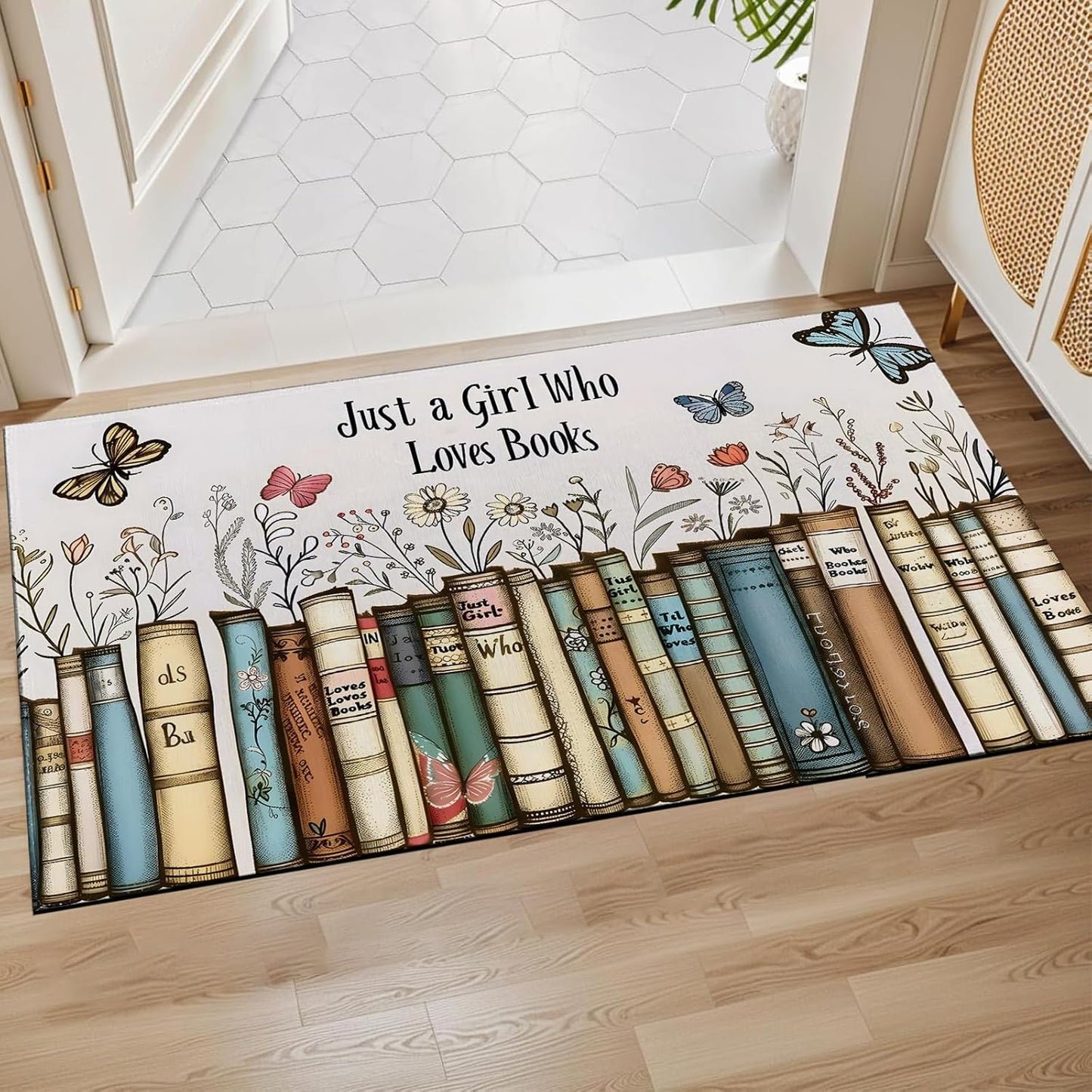 Just a Girl Who Loves Books Indoor Door Mat,Reader Floral and Butterfly Floor Doormat,17x29.5in,Non Woven Non Slip Rubber Backing Rug for Porch Insider,Kitchen,Doormats Gifts,Rv Camper Decor