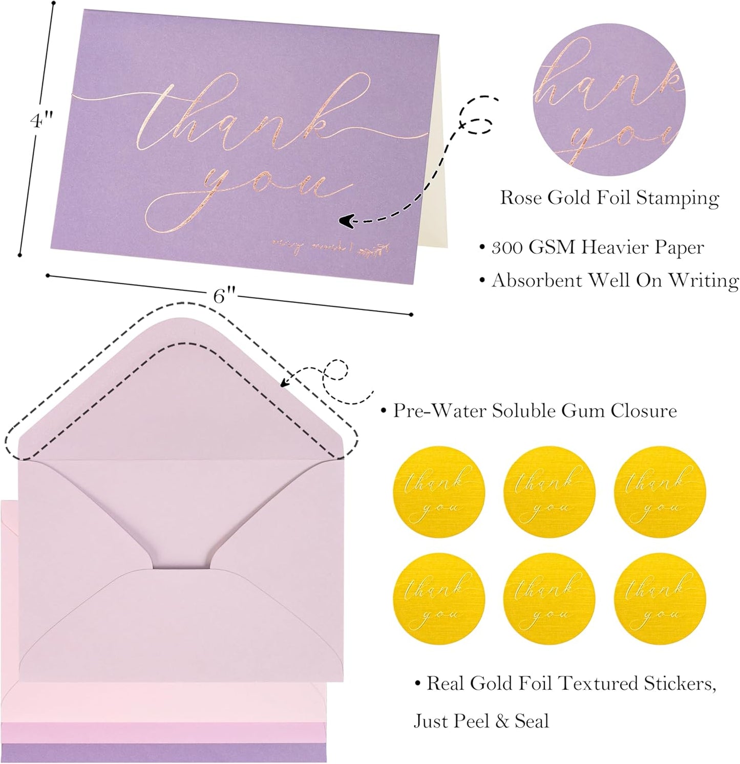 Crisky 50 pcs Lavender Shade Thank You Cards With Envelopes & Stickers Simple Chic Elegant Greeting Cards Perfect for Wedding/Business/Birthday/Graduation 4 x 6 inches
