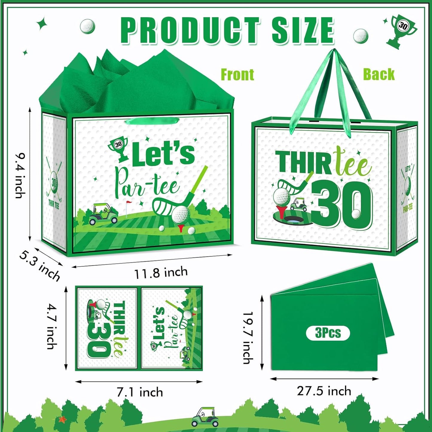 Quirkistry Golf 30th Birthday Gift Bag for Men Golf Happy Thirty Birthday Party Gifts bag with Tissue Paper Greeting Card Thir-Tee Bday Gift Wrapping