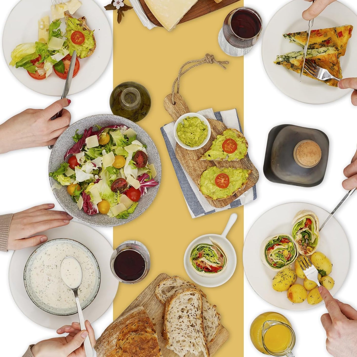 6 Pack Rectangle Plastic Dot Tablecloth Set, 54 X 108 Inch Plastic Table Cover, 12 x 108 Inch Satin Table Runners for Wedding Graduation Birthday New Year Party Decorations (White, Gold)