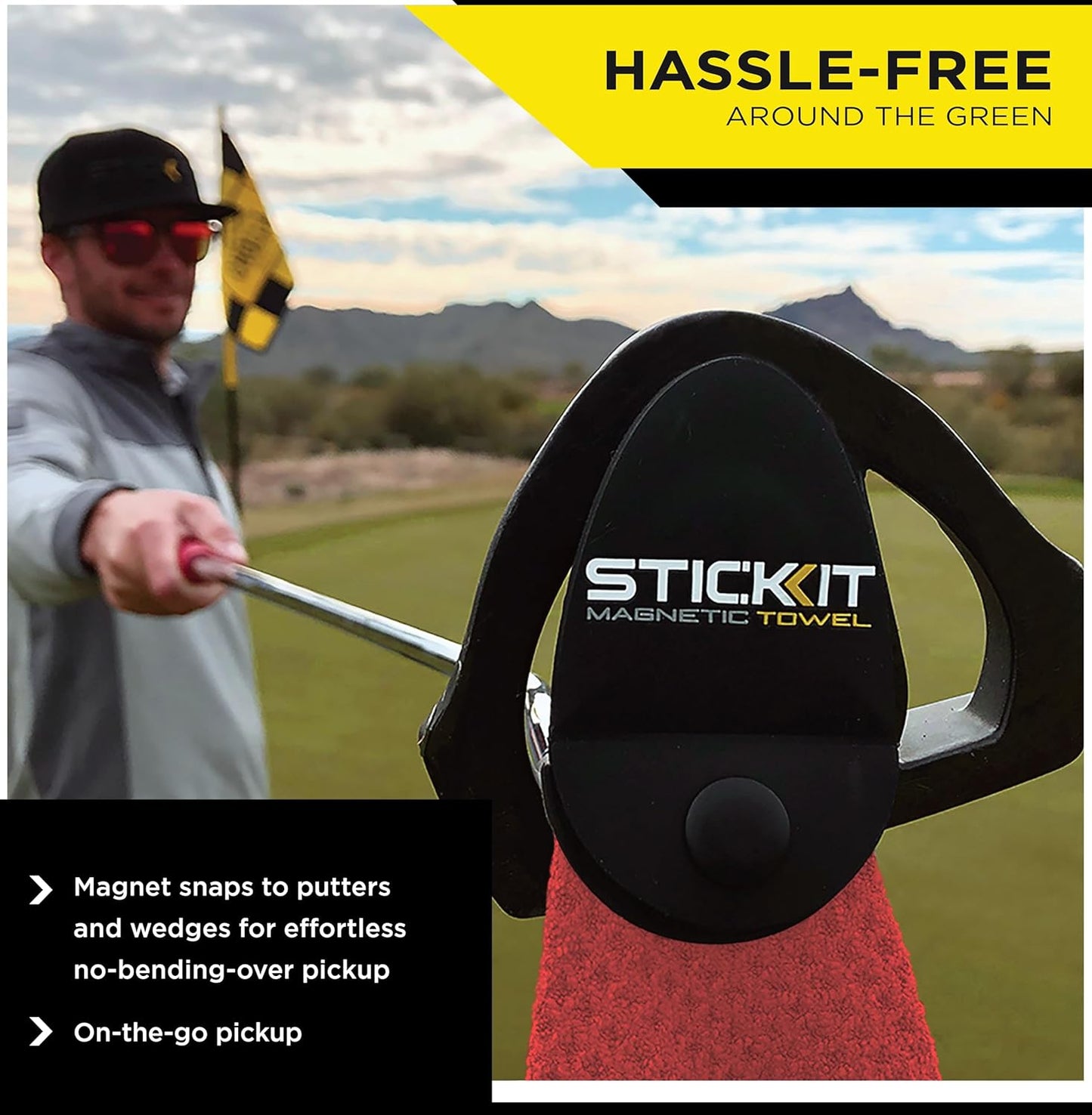 STICKIT Magnetic Golf Towel, Red, Premium 29" Microfiber with Deep Waffle Pockets, Industrial Strength Magnet for Secure Hold to Golf Carts & Clubs, Ultra-Absorbent, Fast-Drying, Easy-Clean Design