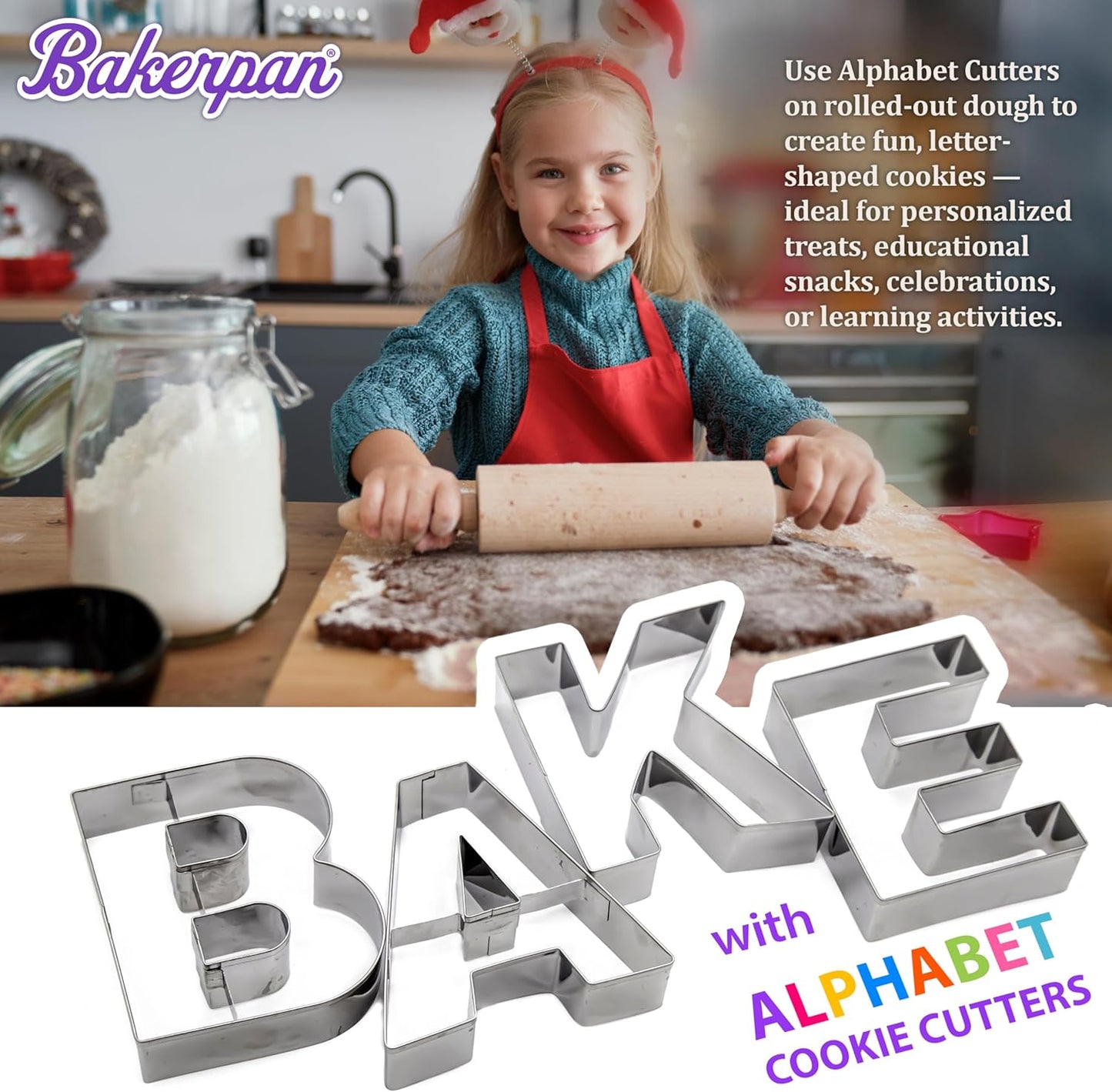 Bakerpan Stainless Steel Alphabet Cookie Cutter Set, Big 3.5 Inch English Letters, 26 Large ABC Cookie Cutters, with Bonus Dough Cutter
