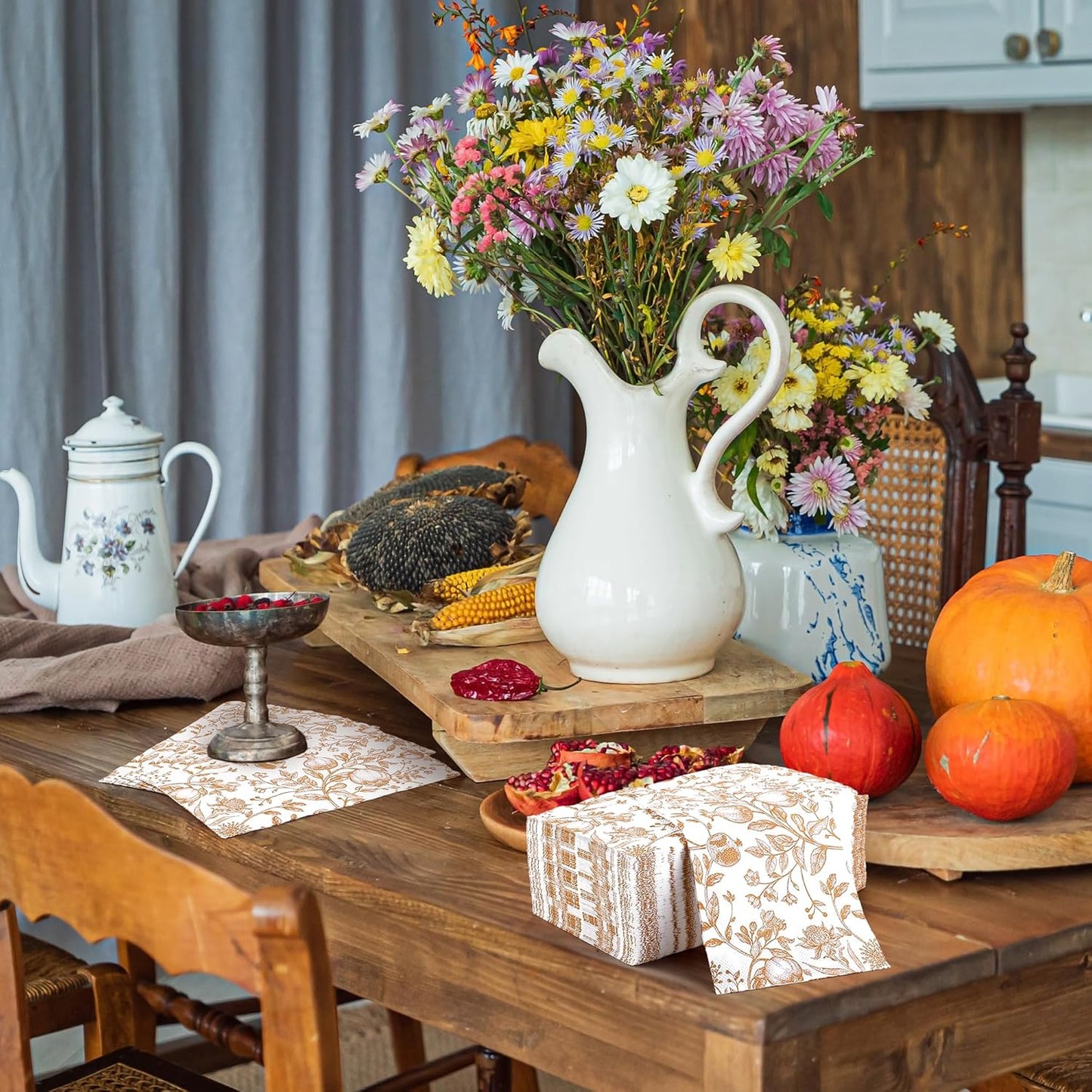 100 Pieces Thanksgiving Fall Pomegranate Napkins Disposable Paper Decorative Guest Party Napkins 7.8 x 4.3 Inch Autumn Orange Floral Hand Towels for Fall Thanksgiving Wedding Birthday Party