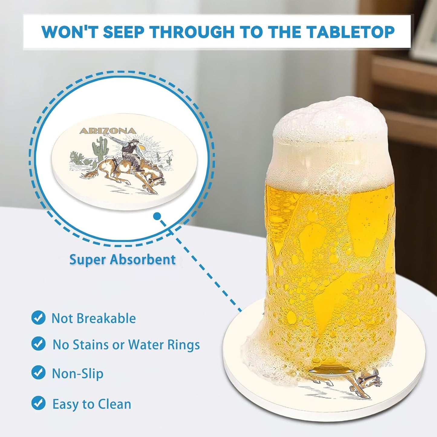 Western Coasters Set of 4, Arizona Cow Boy Coaster with Cork Baking, Absorbent Ceramic Stone Coaster for Table Home Décor, Ideal Gifts for Women Men