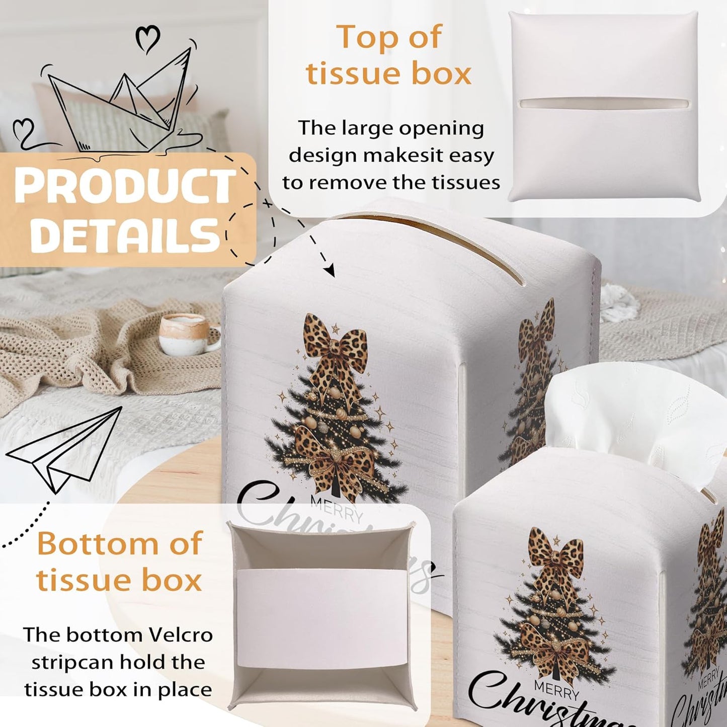 Christmas Tree Tissue Box Holder, Leopard Print Christmas Tree Leather Tissue Box Cover Square, Paper Facial Decorative Tissues Cover for Night Stands Bathroom Office Home Decor-B13