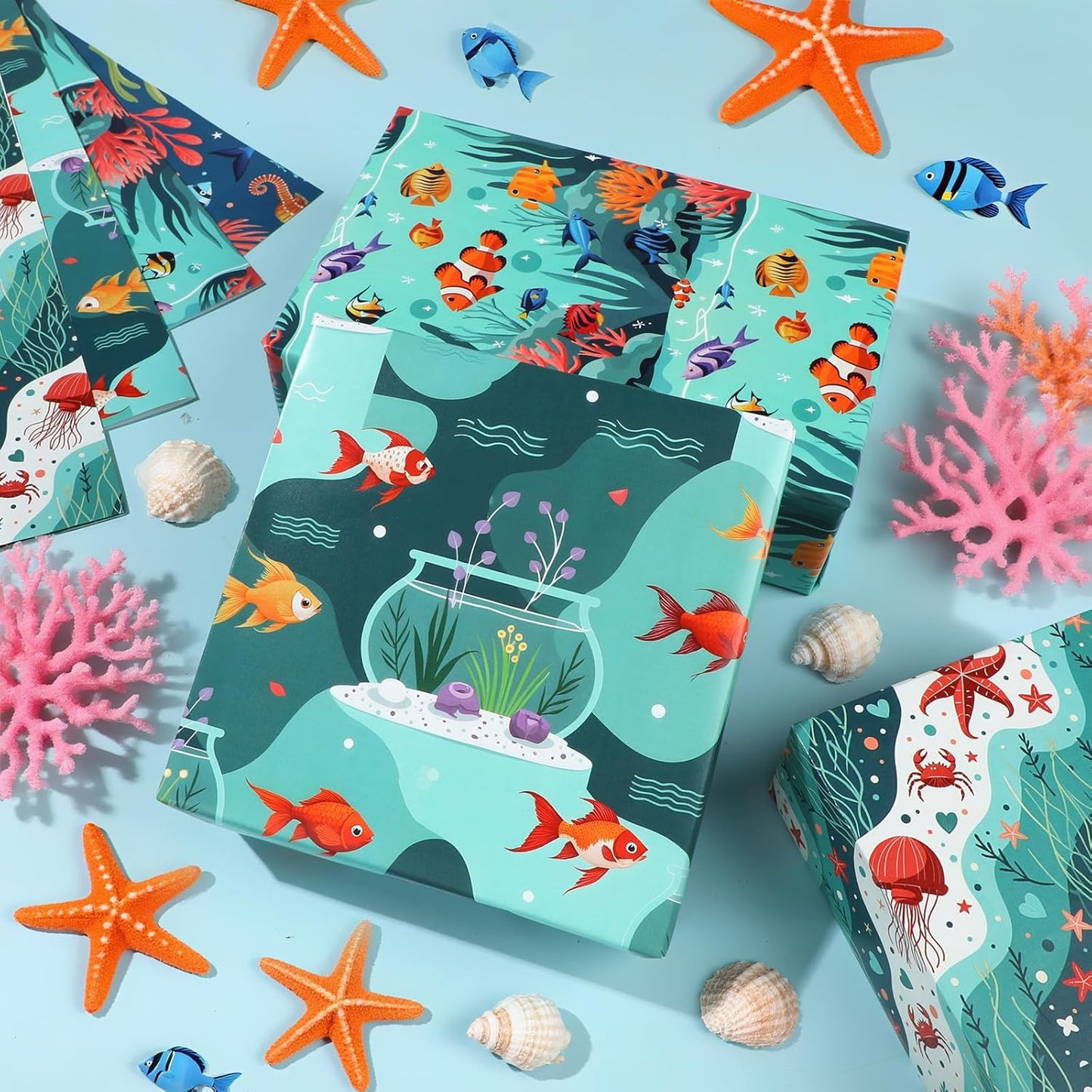 Pineraap Ocean Wrapping Paper 12 Sheets Under the Sea Gift Wrap for Ocean Lovers,Beach Parties,Marine Enthusiasts,20"×28"