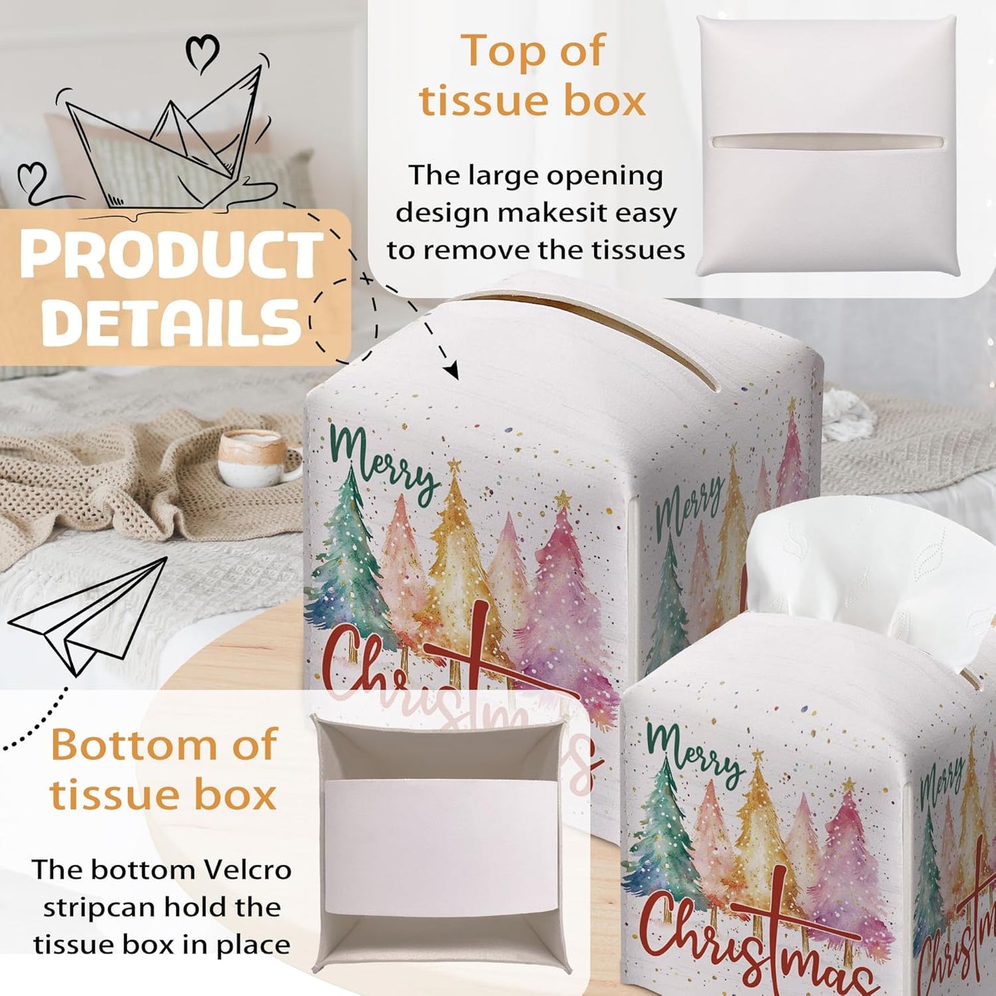 Merry Christmas Tissue Box Holder, Colorful Christmas Tree Leather Tissue Box Cover Square, Paper Facial Decorative Tissues Cover for Night Stands Bathroom Kitchen Office Home Decor-B14