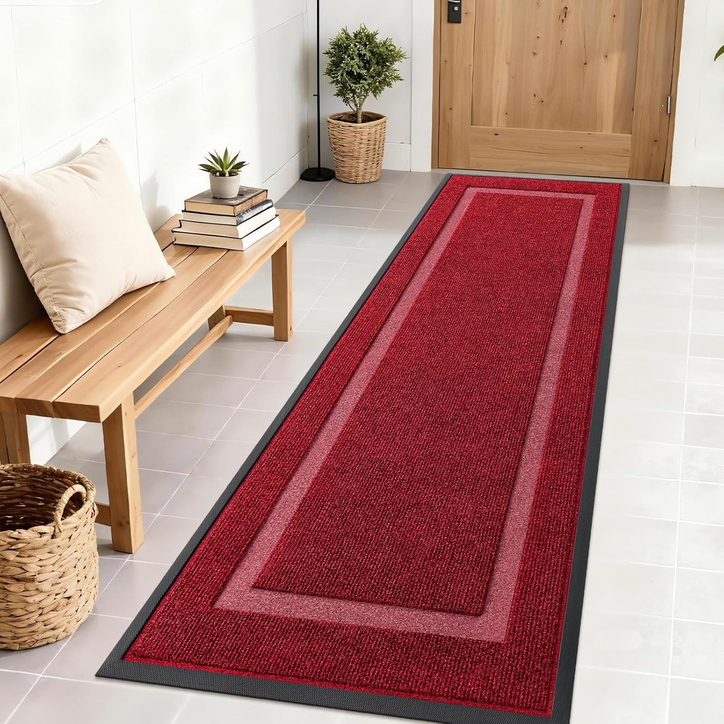 OLANLY Front Door Mat Indoor Outdoor Entrance, Waterproof All-Season, All-Weather Doormat, Sturdy Natural Rubber, Fade Resistant, Low Profile, Easy Clean Patio Porch Entryway Mat, 71x23, Wine Red