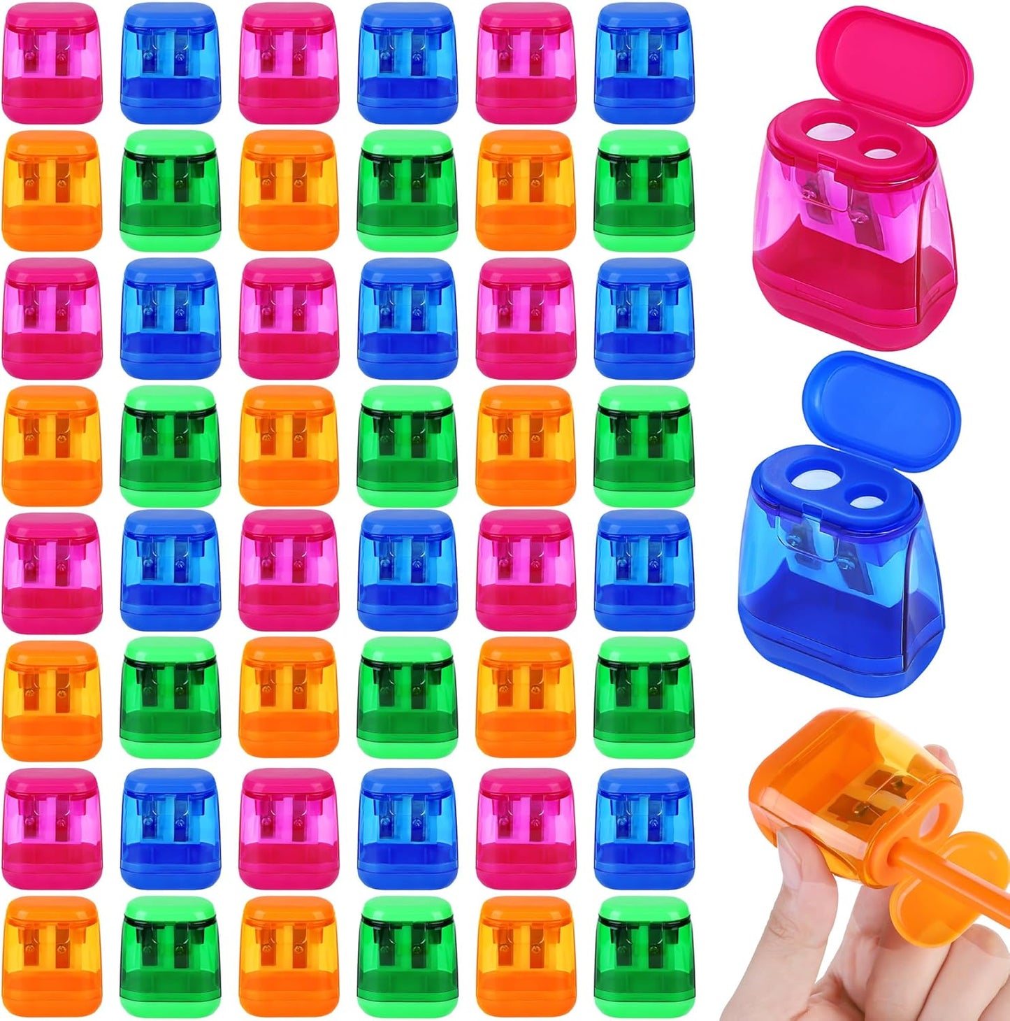 Aodaer 48 Pieces Manual Pencil Sharpeners Dual Hole Compact Sharpener with Lid for Kids Pencil Sharpener in School, Office, Home Mixed 4 Colors