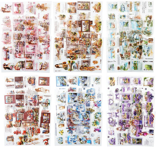 Travel-Themed Vintage Ephemera Sticker Book Set, 60 Pre-Cut PET & Washi Pages for Scrapbooking, Journaling, DIY Projects, and Art Supplies