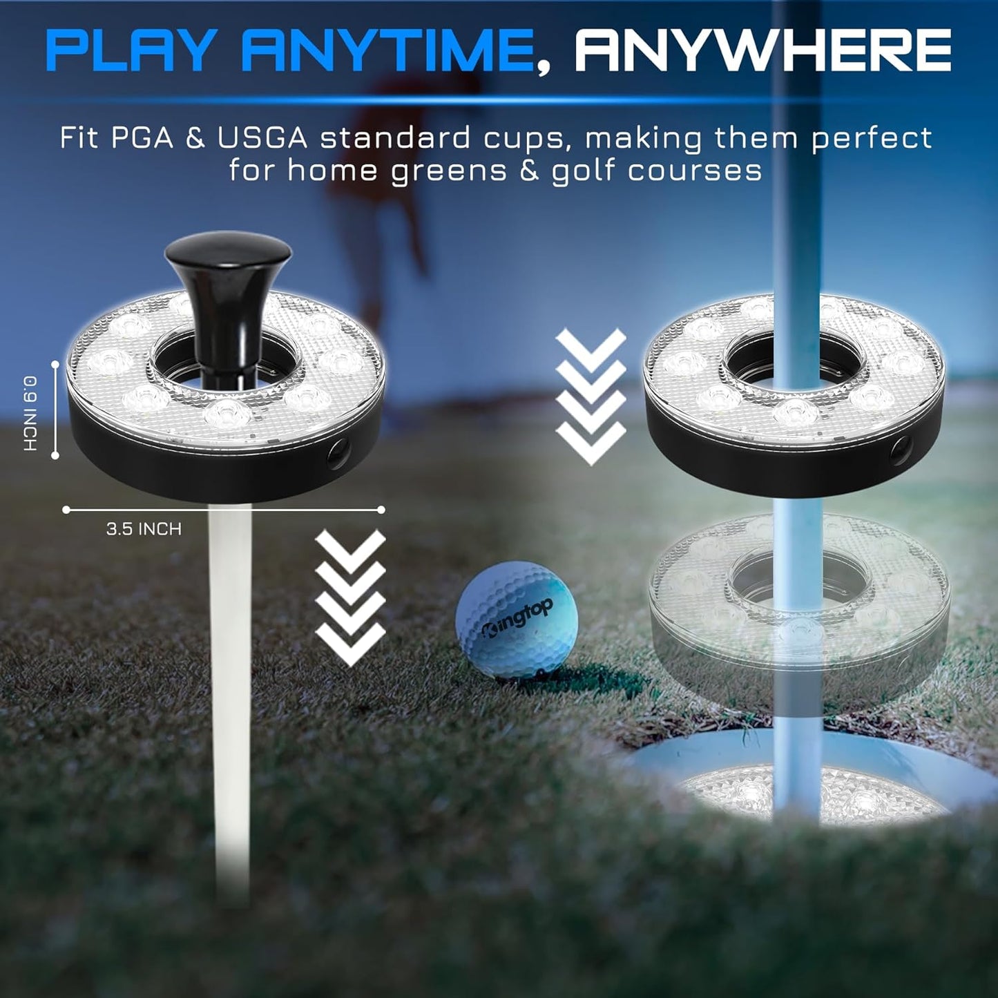 KINGTOP LED Golf Hole Light with Anti-Glare Lens - Battery Operated, Glow in The Dark Putting Cup Lights, Ideal for Night Golf, Backyard Practice Putting Green & Golf Parties