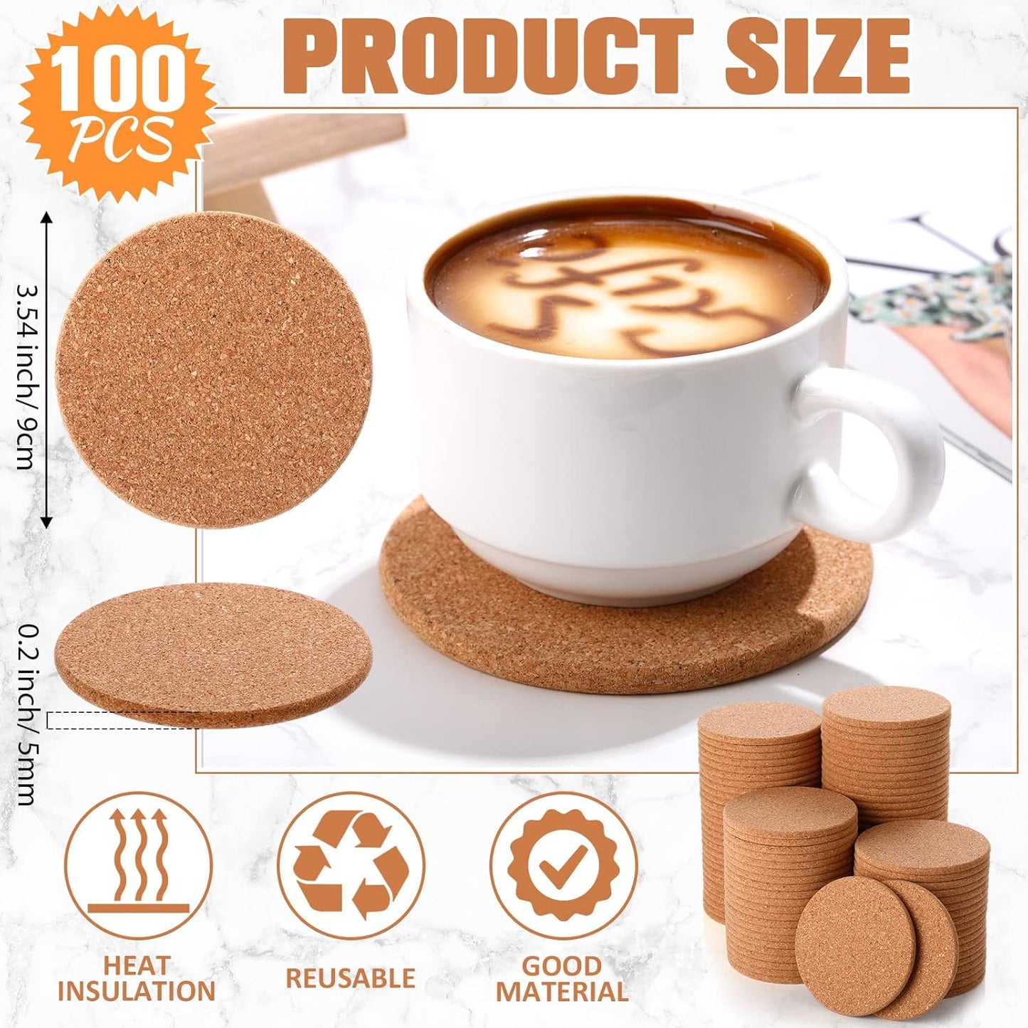Lallisa 100 Pcs Cork Coasters for Drinks, Thick Absorbent Cork Coasters Bulk, Heat Resistant Plain Cup Mats for Gifts Reusable Circles Cup Pad for Wine Glass, Coffee Mug Crafts(Round)