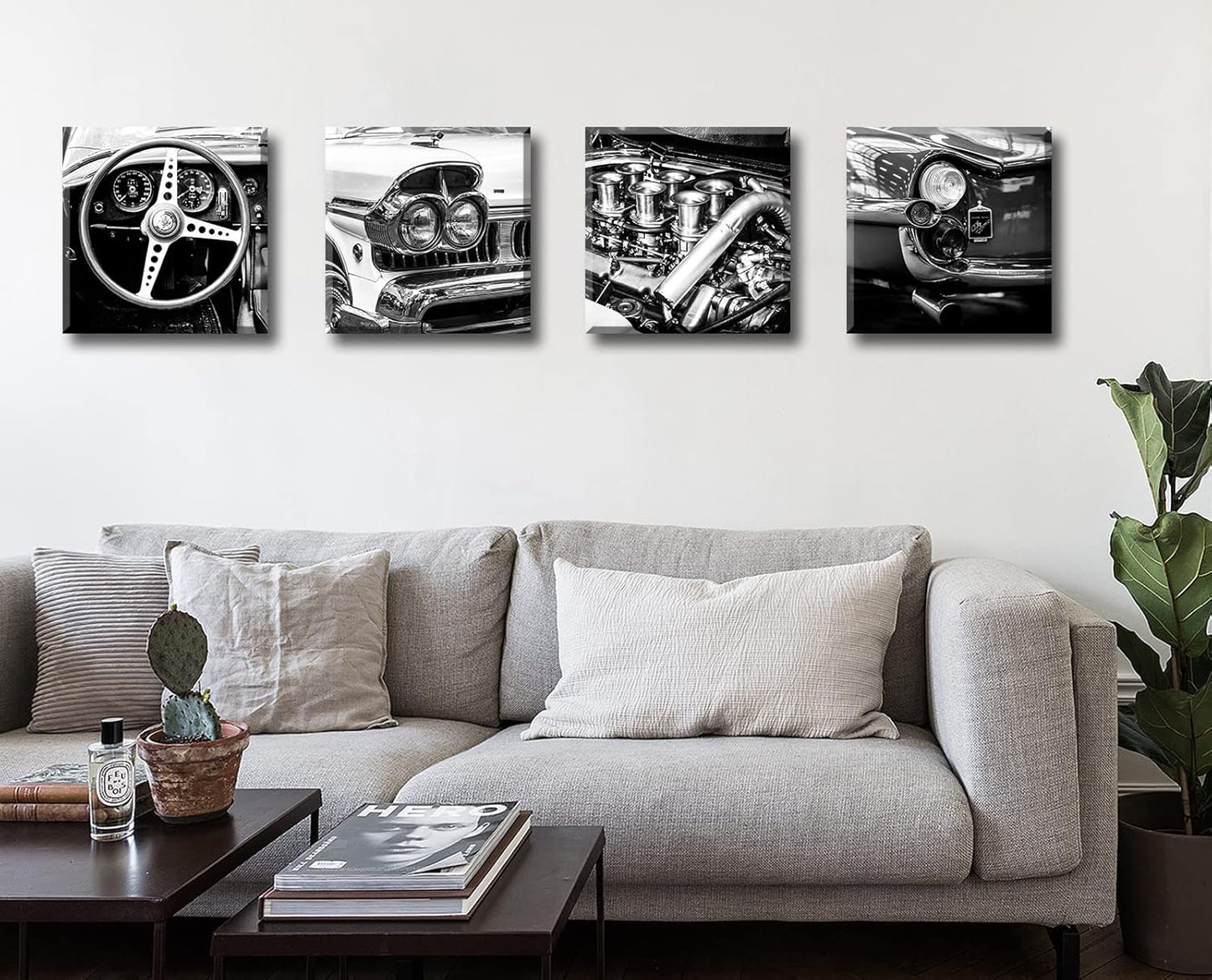 DJSYLIFE Black and White Wall Art Vintage Car Posters Decor Mens Bedroom Boys Room Office Paintings Canvas Pictures Framed Ready to Hang 12" W×12" H×4 PCS