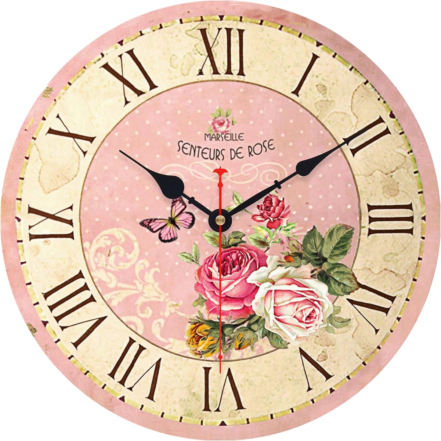 VIKMARI Home 14 Inch Battery Operated Silent Non-Ticking Vintage Wall Clock Design Wooden Round Roman Numerals Indoor Clocks Rose Pink Style Wall Clocks