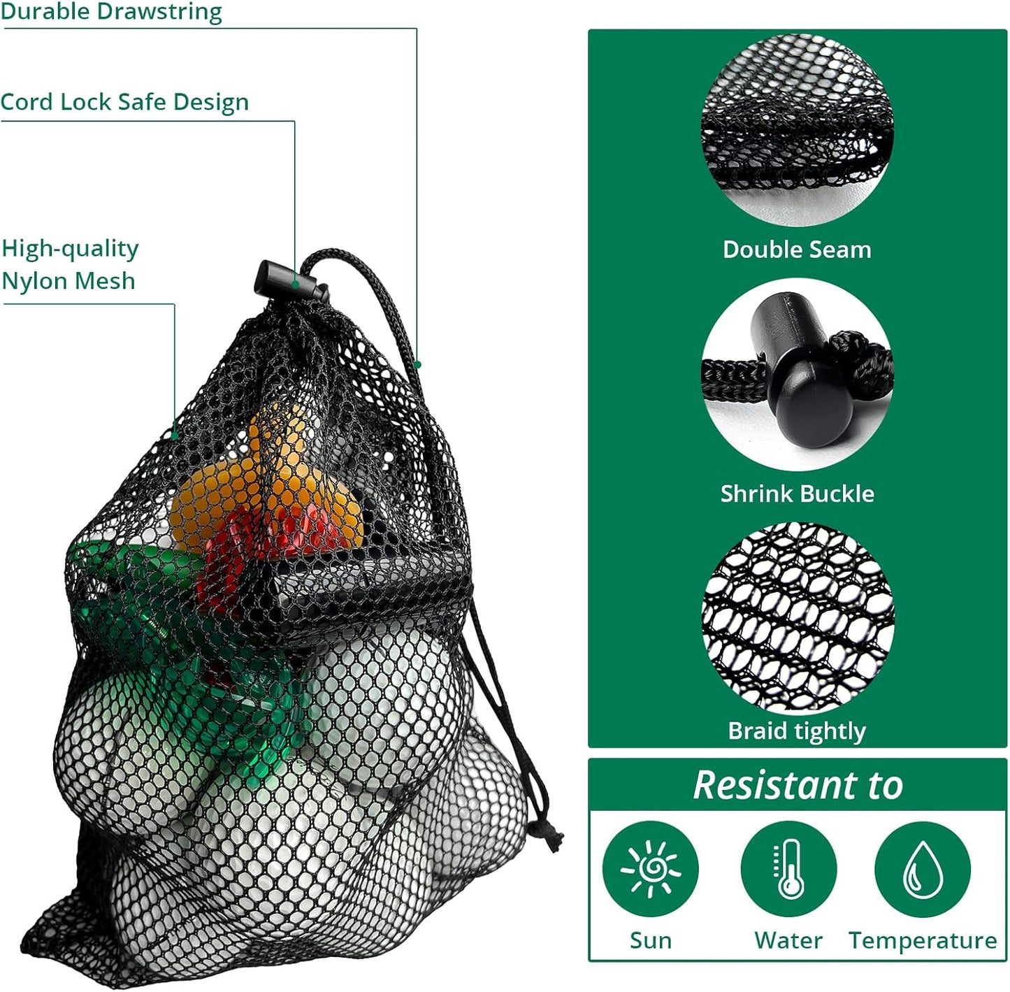 Mesh Bags with Drawstring - 2 Pack Nylon Golf Ball Storage Mesh Bags Sports Equipment Organizer Sack for Collecting Half Balls, Tennis, Toys, Beach, Travel