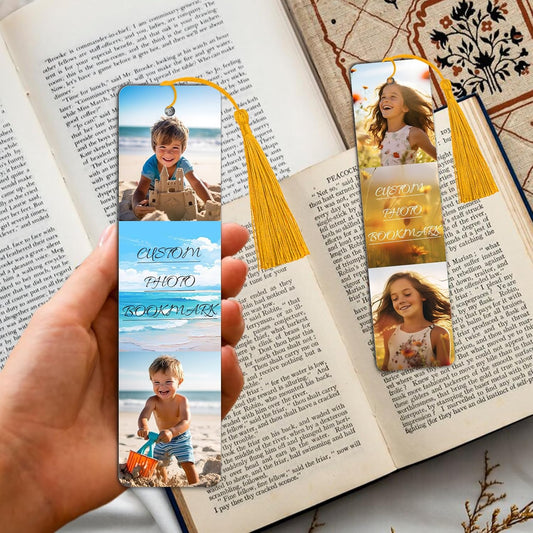 Personalized Bookmark with Picture Text Metal Custom Bookmarks with Tassel Double-Sided Custom Engraved Photo Color Bookmark for Book Lovers Kids Women Men Christmas Birthdays Valentine’s Day Gift