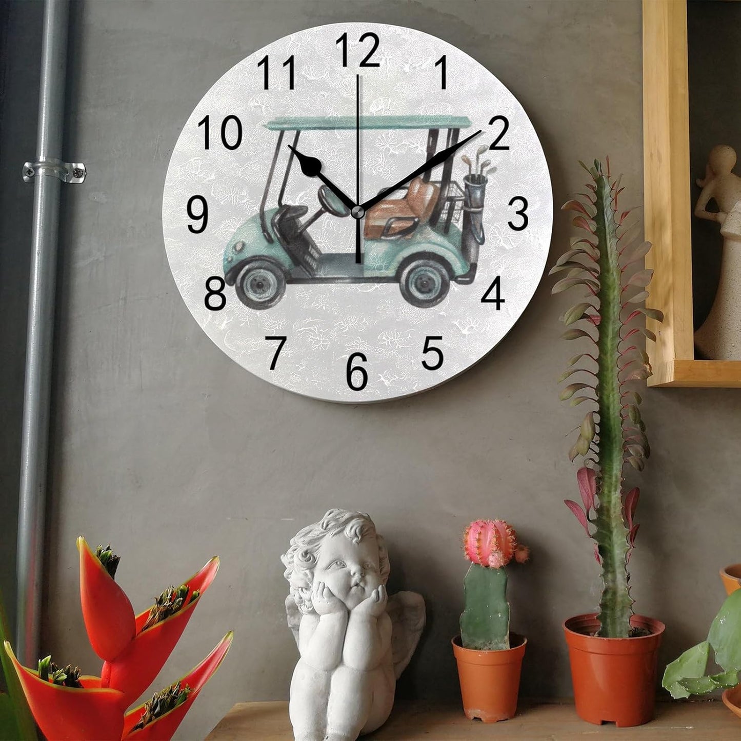 Wall Clock for Living Room Decor Watercolor Golf Cart PVC 9.8 Inch Hanging Round Desk Clocks Silent Non-Ticking Battery Operated Easy to Read Bathroom Kitchen Office