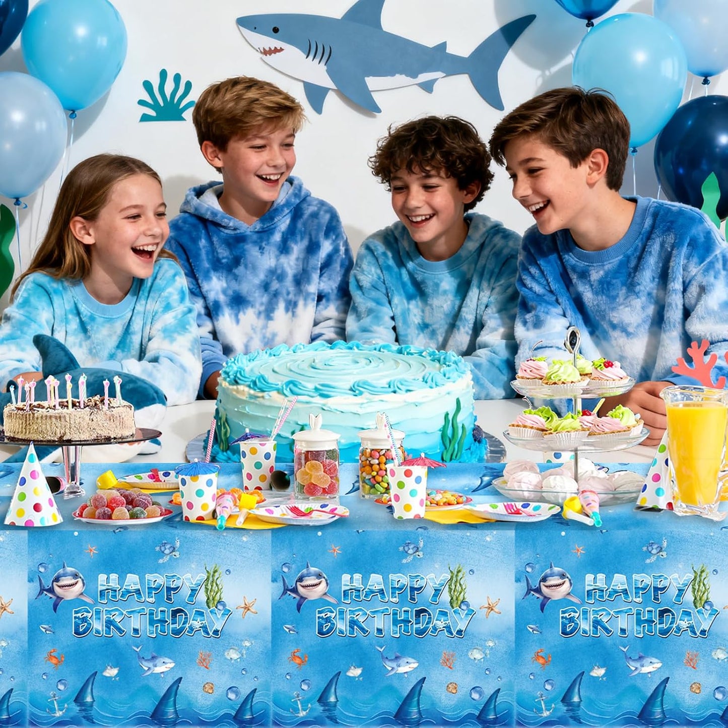 3 PCS Shark Tablecloth Party Supplies Shark Themed Birthday Party Decorations，54 x 108inch