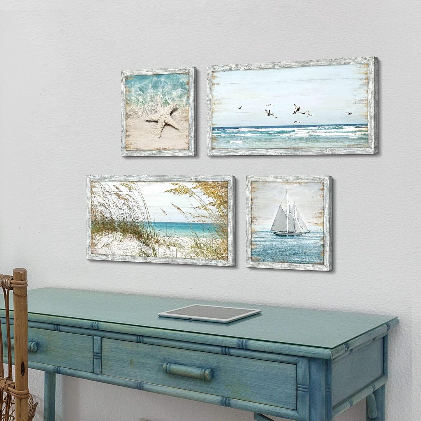 Beach Framed Wooden Pictures Wall Art: Coastal Art Set of 4 Seascape Prints Starfish Pictures Ocean Artwork for Bedroom Overall 36"W x 24"H